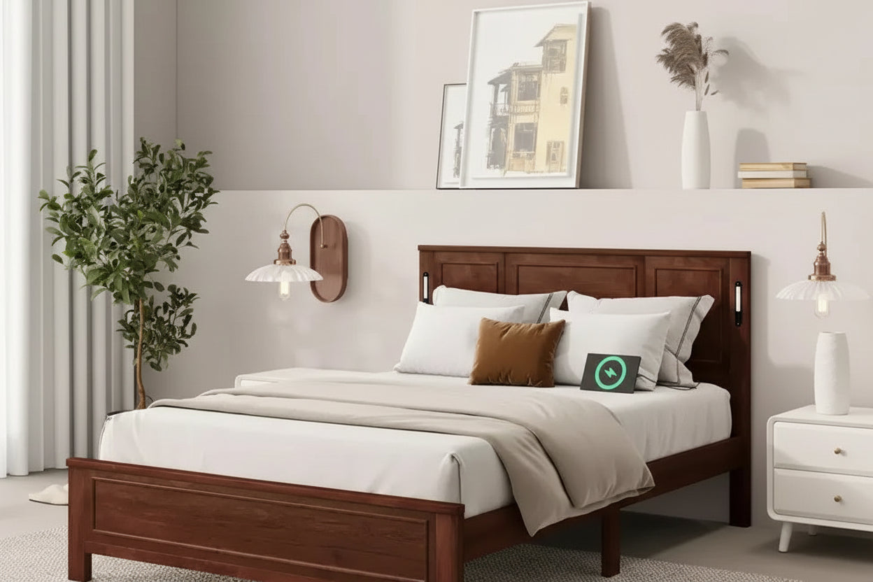 Whisen Queen Bed & Bed Frame with Tall-Panel Headboard & Footboard, Built-in LED Lights, USB Charging Station