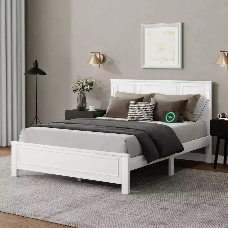 Walnut/White Queen/King Bed Frame with LED Lights & USB Charging, 2-Person