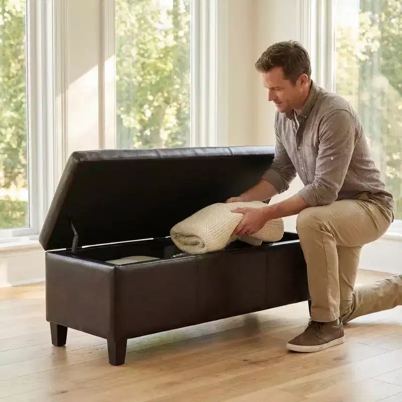 Panca Pouf Contenitore in Similpelle Marrone Effetto Invecchiato, con Coperchio Sollevabile, Posti per 2–3 Persone