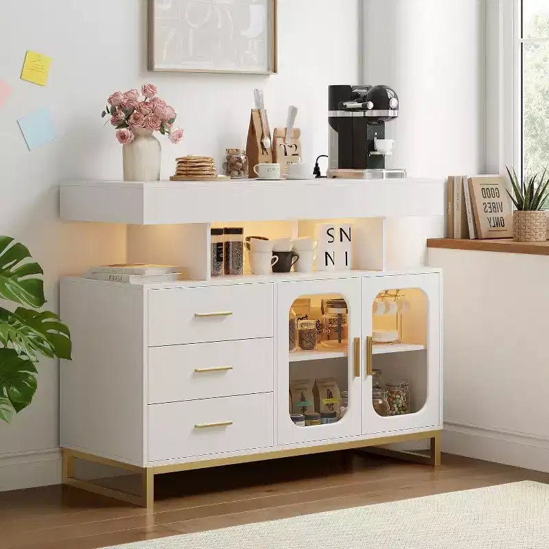 Credenza moderna bianca/nera con LED RGB e stazione di ricarica, 3 cassetti 2 ante, 1 persona