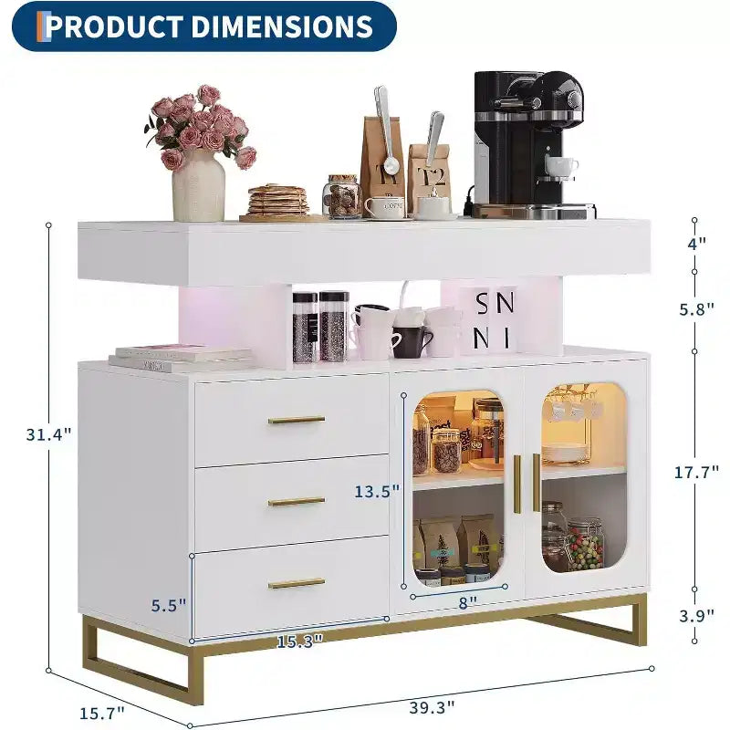 Credenza moderna bianca/nera con LED RGB e stazione di ricarica, 3 cassetti 2 ante, 1 persona
