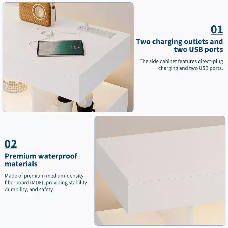 Credenza moderna bianca/nera con LED RGB e stazione di ricarica, 3 cassetti 2 ante, 1 persona
