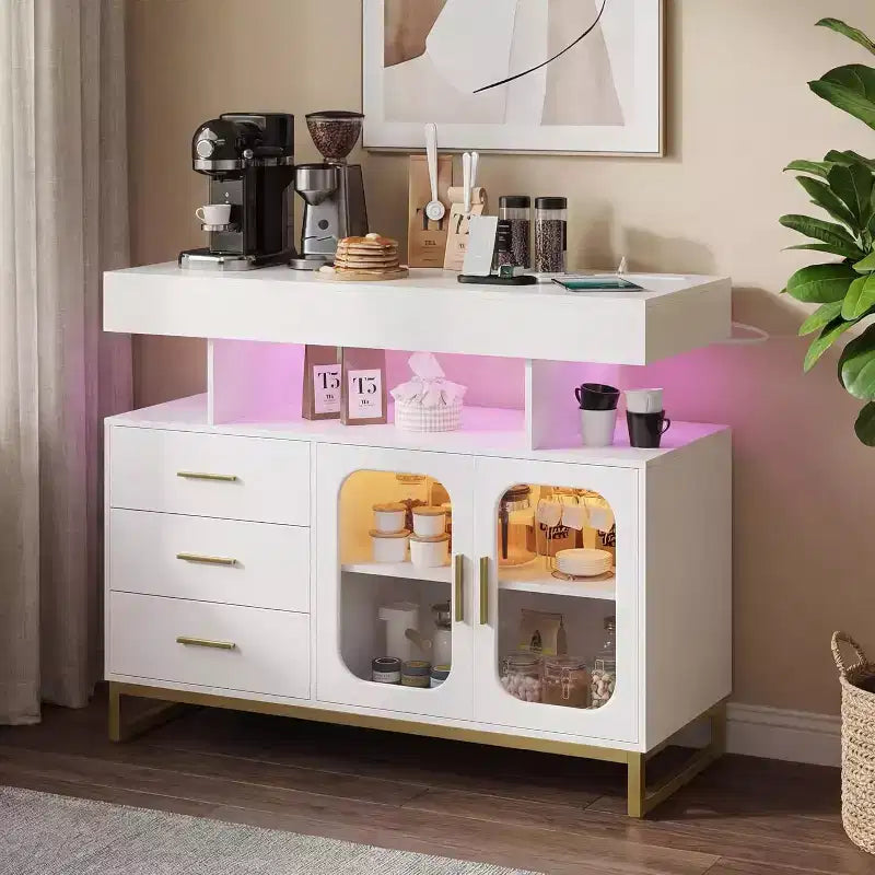 Credenza moderna bianca/nera con LED RGB e stazione di ricarica, 3 cassetti 2 ante, 1 persona