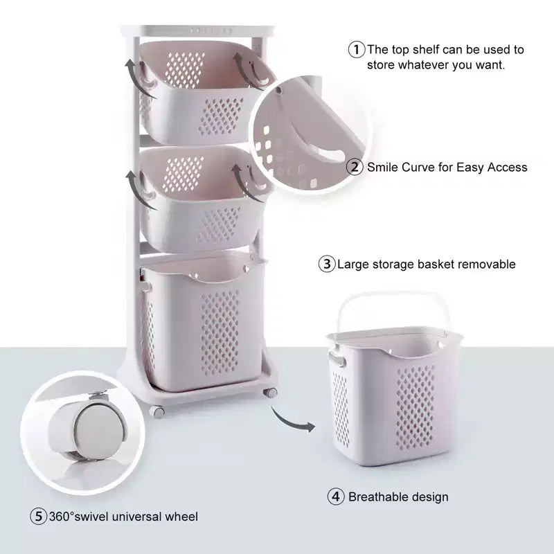 4-Tier Laundry Sorter, White, Rolling, 4-Compartment
