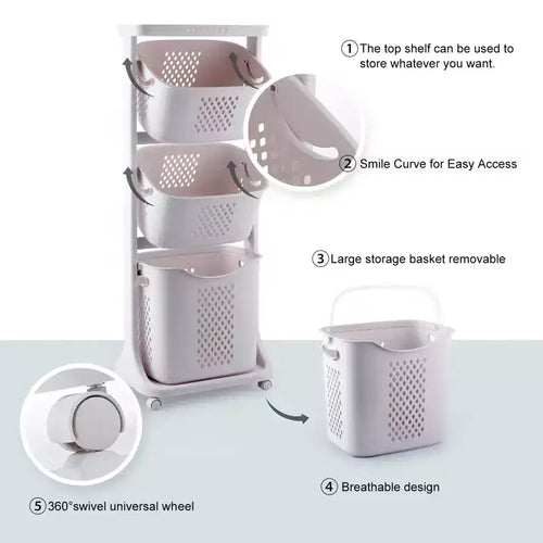 4-Tier Laundry Sorter, White, Rolling, 4-Compartment
