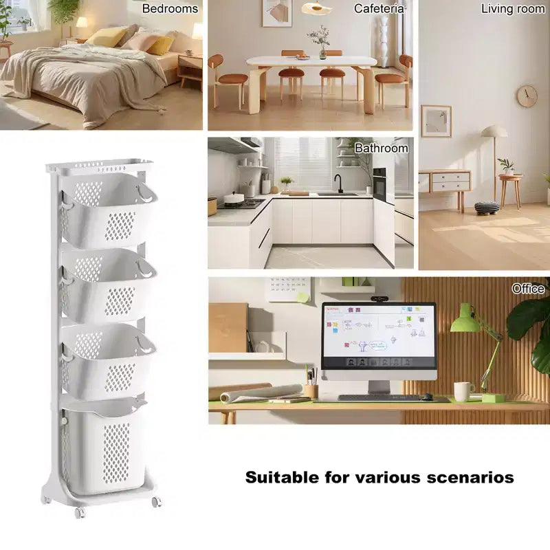 4-Tier Laundry Sorter, White, Rolling, 4-Compartment