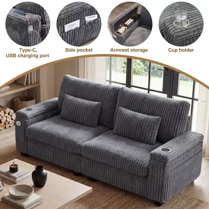 Divanetto due posti in velluto a coste con braccioli contenitore – Beige / Grigio / Verde