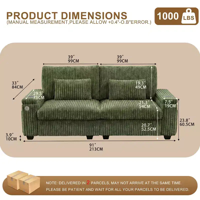 Divanetto due posti in velluto a coste con braccioli contenitore – Beige / Grigio / Verde
