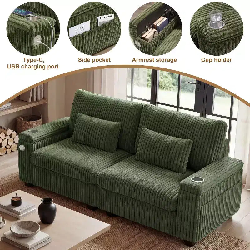 Divanetto due posti in velluto a coste con braccioli contenitore – Beige / Grigio / Verde