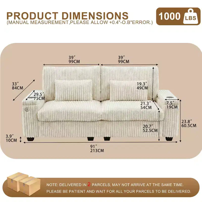 Divanetto due posti in velluto a coste con braccioli contenitore – Beige / Grigio / Verde