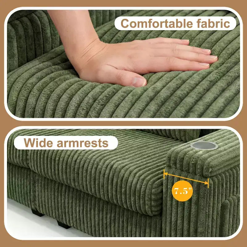 Divanetto due posti in velluto a coste con braccioli contenitore – Beige / Grigio / Verde