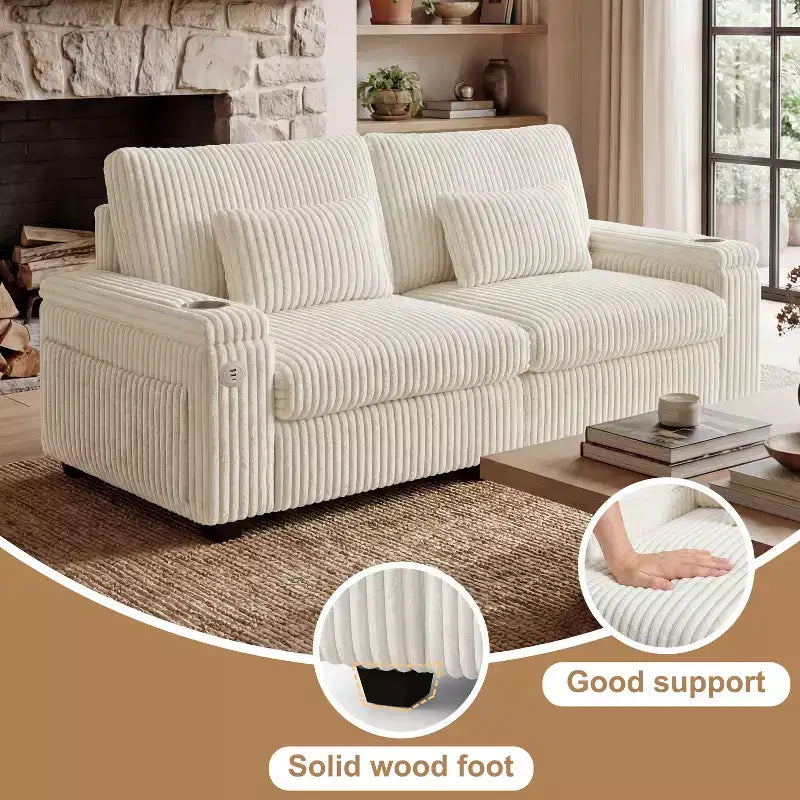 Divanetto due posti in velluto a coste con braccioli contenitore – Beige / Grigio / Verde