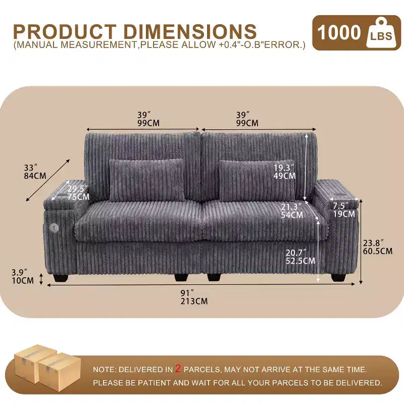 Divanetto due posti in velluto a coste con braccioli contenitore – Beige / Grigio / Verde