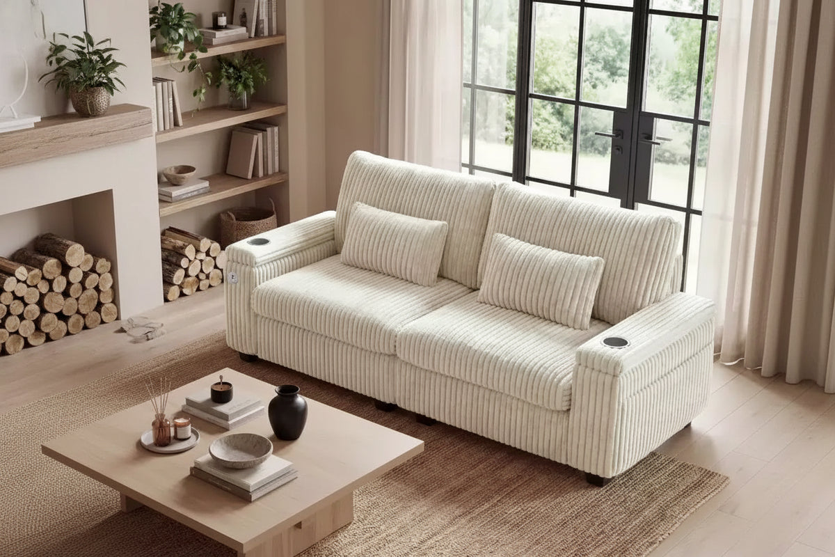 Dyonery 91 Modern Loveseat Sofa with Storage Armrests for Living Room, Corduroy 2 Seater Sofa with Side Pockets/USB Charging & Cup Holders Deep Seat