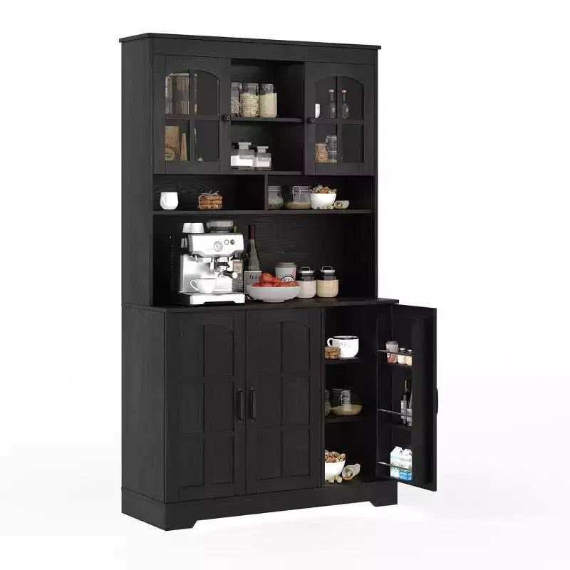 Dispensa alta autoportante con ante in vetro, colore nero/marrone/bianco, singola