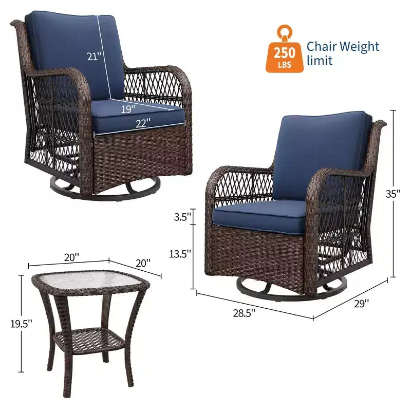 Beige / Blue / Red Wicker Swivel Rocking Chair Set for 2, with Coffee Table