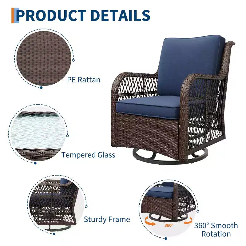 Beige / Blue / Red Wicker Swivel Rocking Chair Set for 2, with Coffee Table