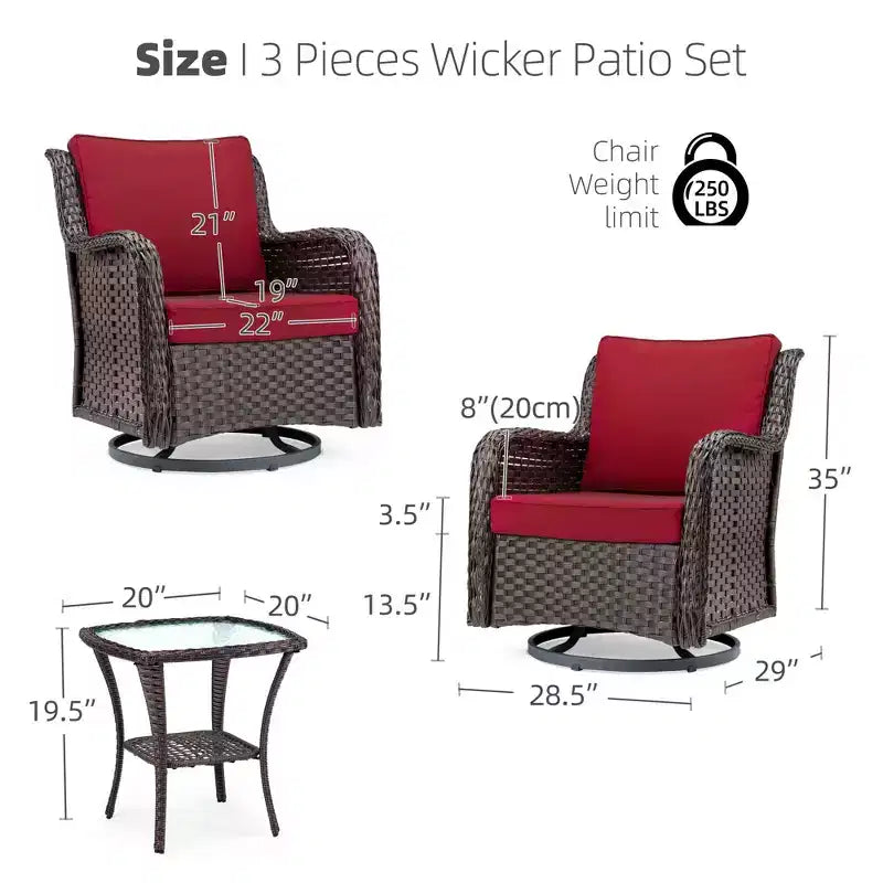 Beige / Blue / Red Wicker Swivel Rocking Chair Set for 2, with Coffee Table