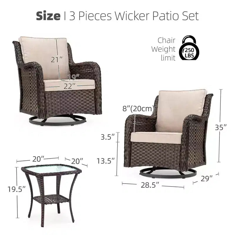 Beige / Blue / Red Wicker Swivel Rocking Chair Set for 2, with Coffee Table