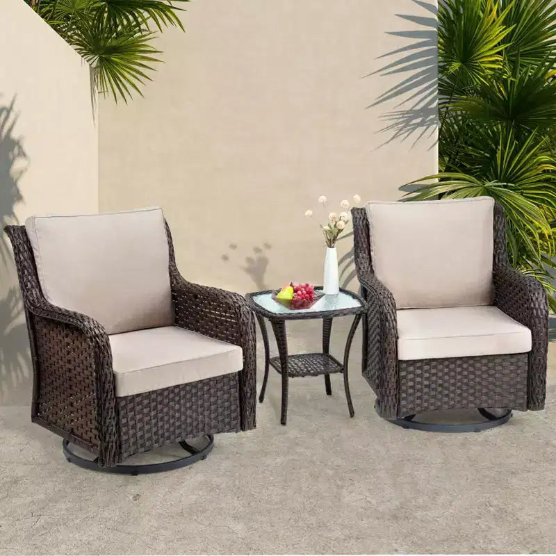 Beige / Blue / Red Wicker Swivel Rocking Chair Set for 2, with Coffee Table