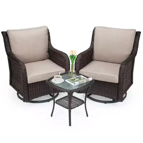Swivel Wicker Glider Patio Chairs, 360-Degree Swivel Rocking Chair, 4 Thick Cushions and Coffee Table, for Porch, Balcony