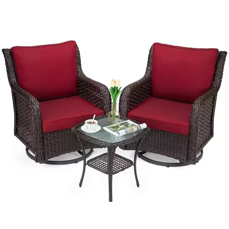 Beige / Blue / Red Wicker Swivel Rocking Chair Set for 2, with Coffee Table