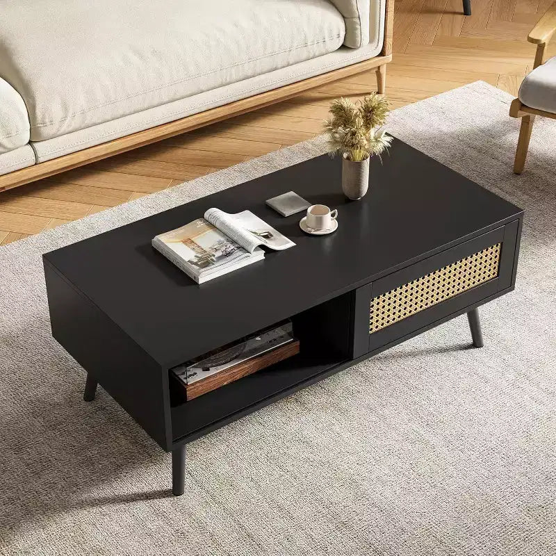 Tavolino rettangolare nero/rovere con anta scorrevole e ripiano aperto, 1 persona