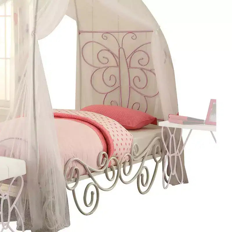 Letto a baldacchino intero bianco e viola chiaro, imbottito, 1 posto letto