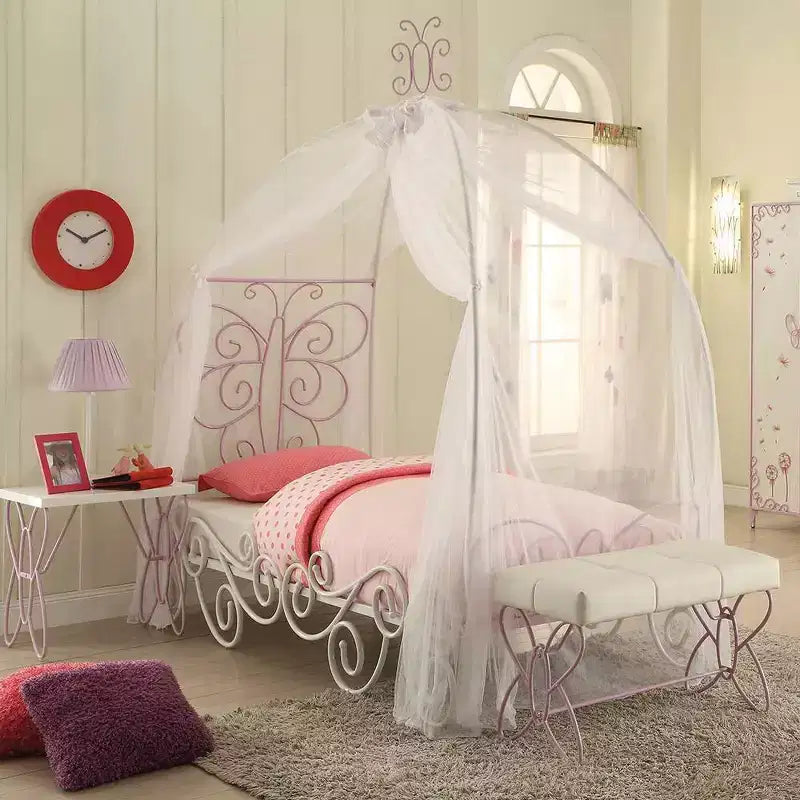 Letto a baldacchino intero bianco e viola chiaro, imbottito, 1 posto letto