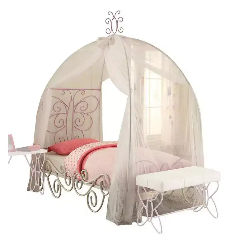 Letto a baldacchino intero bianco e viola chiaro, imbottito, 1 posto letto