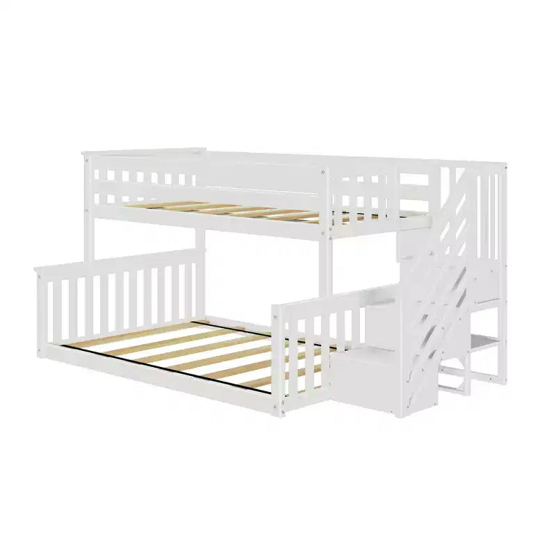 Letto a castello basso Twin su Full con scaletta – Noce americano / Bianco, 2 posti letto