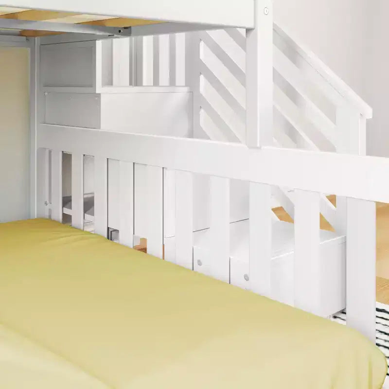 Letto a castello basso Twin su Full con scaletta – Noce americano / Bianco, 2 posti letto